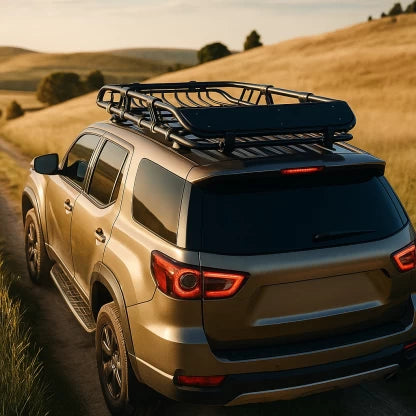 Universal Car Roof Cargo Basket mounted on a grey SUV driving through a scenic field.