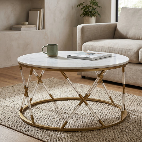 Stylish Marble Top Coffee Table with gold and white accents in a modern living room setting.