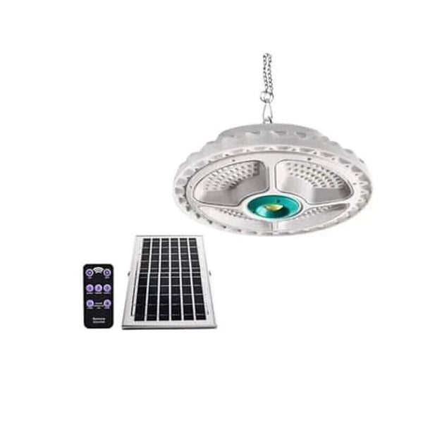 LED Chandelier with Solar Panel 400W featuring a solar panel and remote control for outdoor lighting.