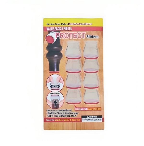 Transparent Red 8 Pieces Sliders Chair Leg Protectors packaging with slotted design, colorful graphic, and product details.