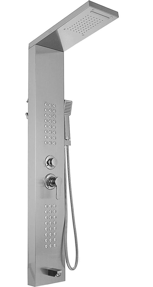 Silver Stainless Steel Shower Column Panel with overhead rainfall showerhead and hand shower.