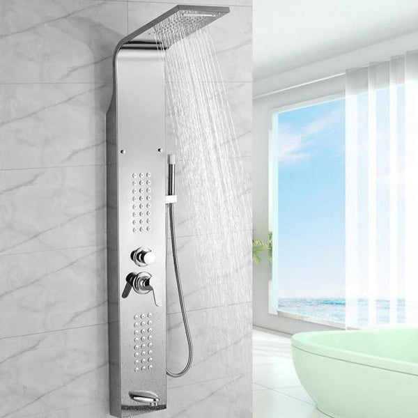 Silver Stainless Steel Shower Column Panel featuring modern design and multiple water output modes.