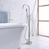 Stylish Free Standing Chrome Bath Mixer next to freestanding tub, enhancing modern bathroom decor.