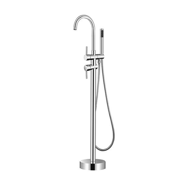 Free Standing Chrome Bath Mixer with high-arc spout and handheld shower attachment, perfect for modern bathrooms.
