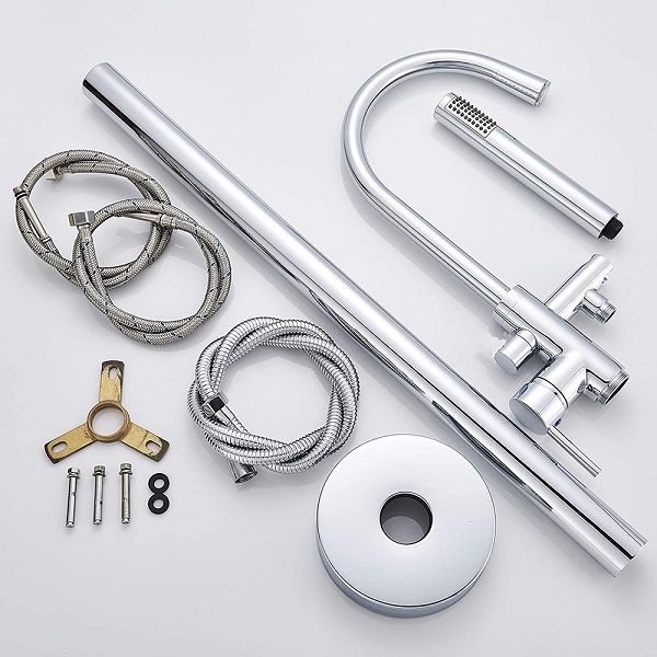 Free Standing Chrome Bath Mixer components, including spout, hose, and accessories for modern bathrooms.