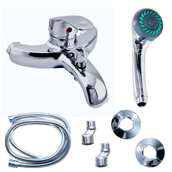 Wall Mounted Single Lever Bathtub Faucet with Pulsing Shower Head components including faucet, showerhead, and hoses.