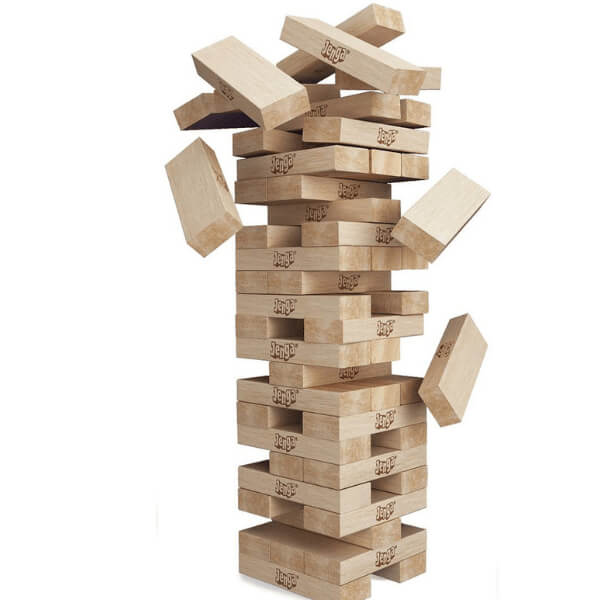 Wooden Stacking Blocks Game with blocks in a balanced tower, showcasing the fun and challenge of the classic game.