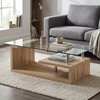 Tempered Glass Top Coffee Table with Oak Base featuring a modern design and natural wood accents in a cozy living room setting.