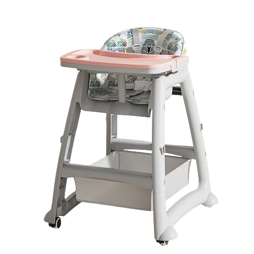 Secure Adjustable High Chair with 5-Point Safety Harness in light gray with colorful patterned seat.