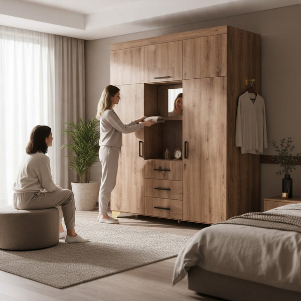 Multi-Door Wooden Wardrobe Wall Unit showcased in a modern bedroom setting with two women interacting.
