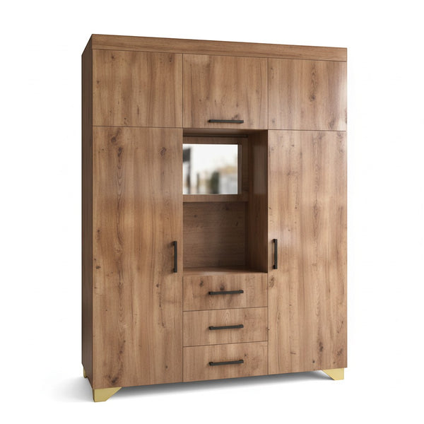 Multi-Door Wooden Wardrobe Wall Unit featuring a rustic oak finish and a center vanity alcove.