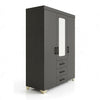 3-Door Grey Wooden Wardrobe with Mirrored Center & 3 Drawers, featuring sleek design and integrated mirror.