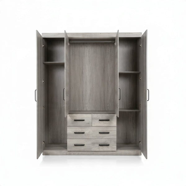 4-Door Wooden Wardrobe Armoire with Dual Mirrors & 6 Drawers