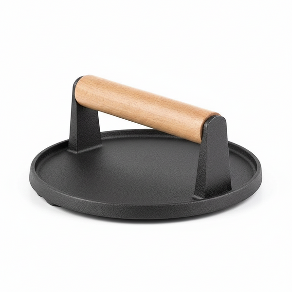 Round Cooking Press with Wooden Handle on a white background showcasing its sturdy design and wooden grip.