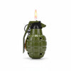 Compact Flame Ignition Novelty Lighter in the form of a grenade with an active flame.