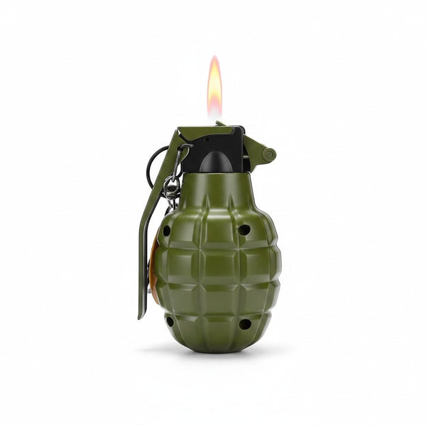 Compact Flame Ignition Novelty Lighter in the form of a grenade with an active flame.
