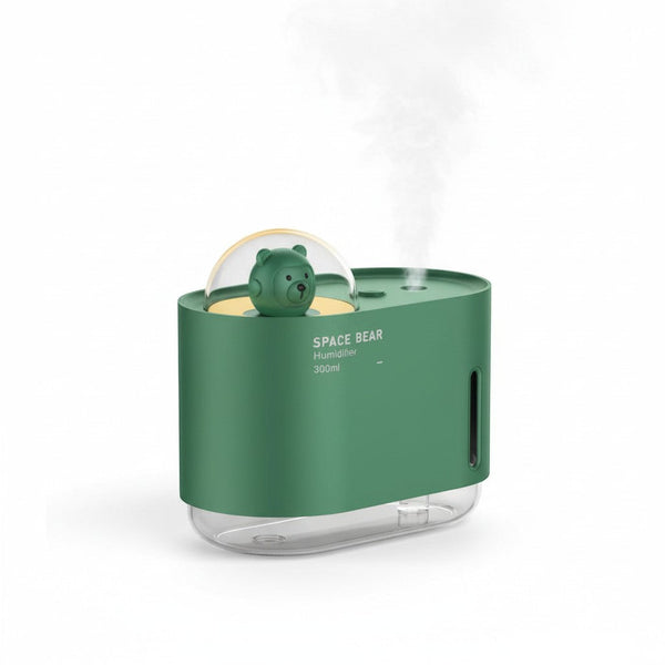 Bear Design Mini USB Humidifier in green color with a bear figure on top, emitting mist.