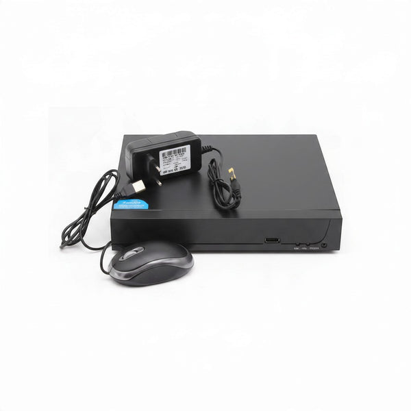 5-in-1 Digital Video Recorder unit with power adapter and mouse on a white background.