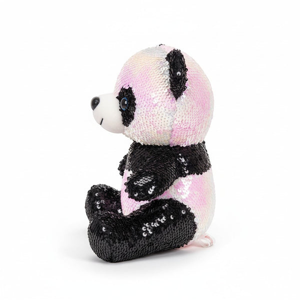 Sequin Panda Plush Toy sitting, showcasing its colorful sequin detailing and playful panda design.