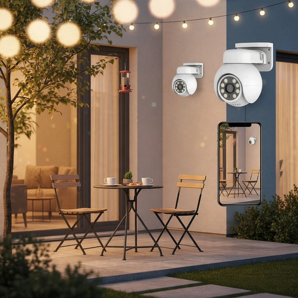 Outdoor AHD 5MP PTZ Security Camera mounted outside in a patio setting, showcasing effective outdoor surveillance.