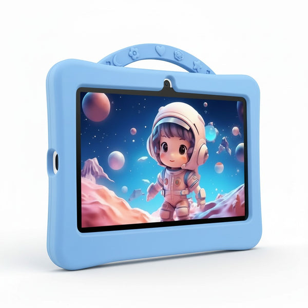 7-Inch Childrens Educational Android Tablet with a blue protective case and colorful astronaut character on screen.
