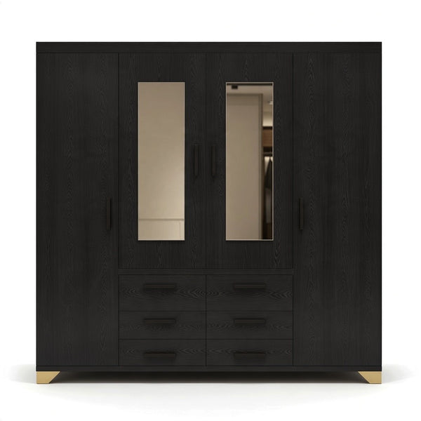 4-Door Wooden Wardrobe Armoire with Dual Mirrors & 6 Drawers in black wood design and gold legs.