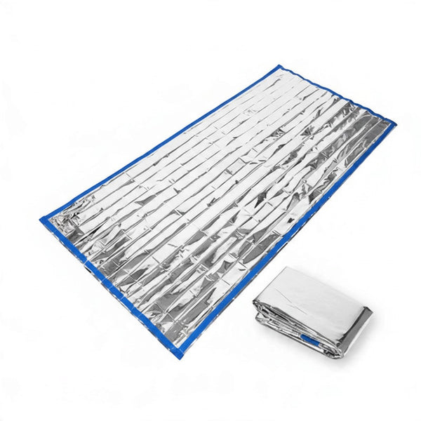 Thermal First Aid Emergency Sleeping Bag laid out and compact folded version for outdoor survival.