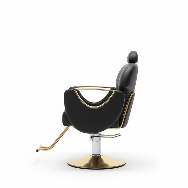 Professional Salon Styling Chair with Metal Base featuring an elegant black and gold design, perfect for salons.