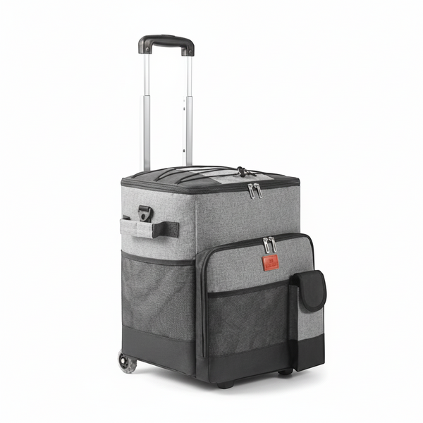 Rolling Trolley Bag with Front Pocket & Mesh Panels, featuring retractable handle and spacious compartments.