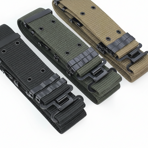 Utility Tactical-Style Belt in three colors: black, green, and brown, showcasing adjustable features for versatile wear.