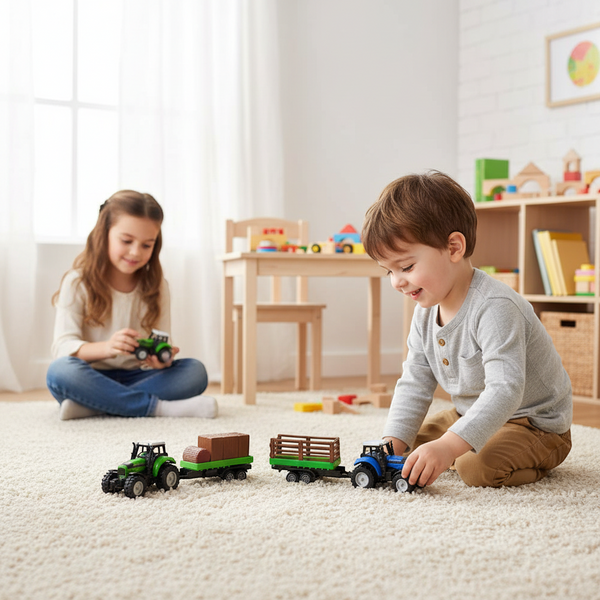 Alloy Farmer Trailer: Children playing with toy tractors and trailers on a carpet, engaging in imaginative agricultural-themed play.