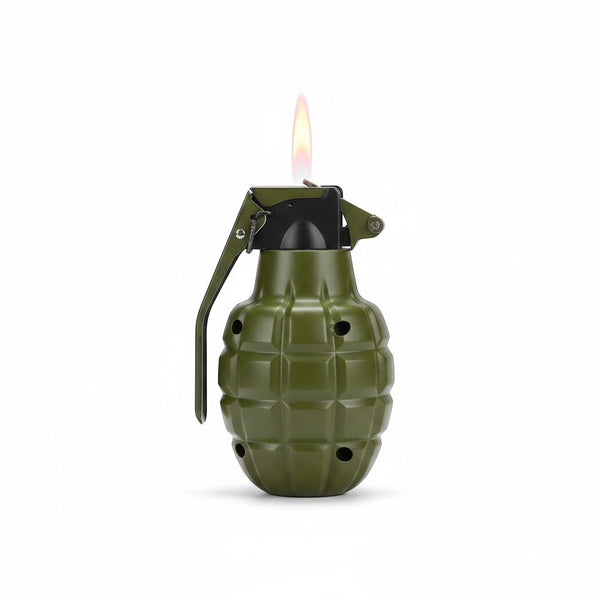 Compact Flame Ignition Novelty Lighter shaped like a grenade with a visible flame, ideal for unique fire starting.