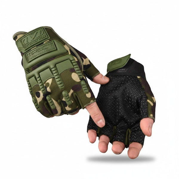 Tactical-Style Fingerless Utility Gloves in camo design for improved grip and dexterity during tasks.