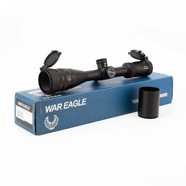 Rifle Scope featuring adjustable turrets, lens covers, and mounted on a blue box labeled War Eagle.