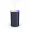 Mini Humidifier with RGB Light in dark color emitting mist with colorful ambient light on top.