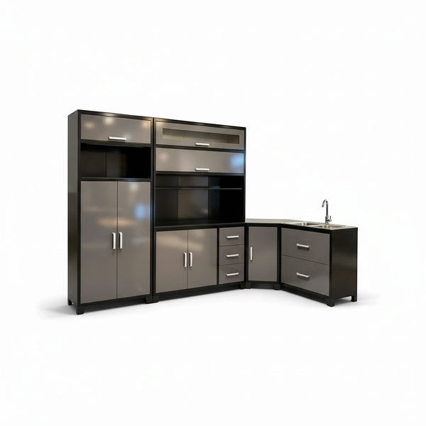 Two-Tone Steel L-Shaped Kitchen Storage Unit with integrated sink and multi-tier shelves for modern kitchens.