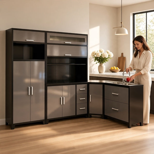 Woman using the Two-Tone Steel L-Shaped Kitchen Storage Unit with Built-In Sink Basin in a modern kitchen.