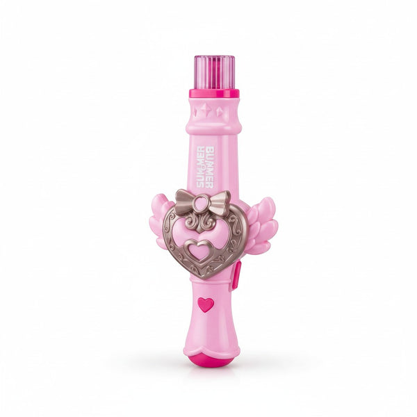 Bubble Spray Toy in pink with heart-shaped design and wings for creating bubbles during outdoor play.