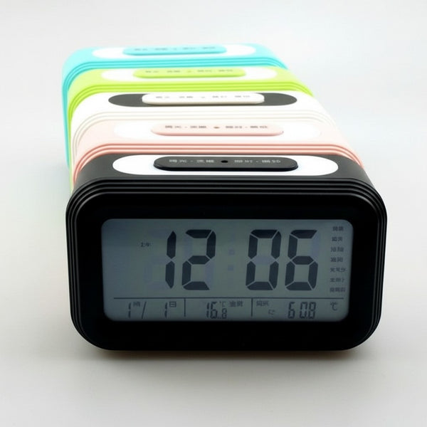 Digital Alarm Clock with Night Light showing current time and various color options.