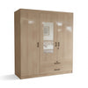 3-Door Wooden Wardrobe with Mirrored Center & Drawers in natural wood finish, featuring spacious storage and two drawers.