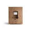 Multi-Door Wooden Wardrobe Wall Unit in rustic oak finish with center vanity alcove and brass-tone feet.
