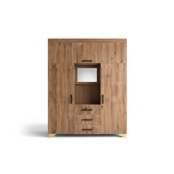 Multi-Door Wooden Wardrobe Wall Unit in rustic oak finish with center vanity alcove and brass-tone feet.