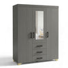 3-Door Grey Wooden Wardrobe with Mirrored Center & 3 Drawers showcasing a sleek design and contemporary storage solution.