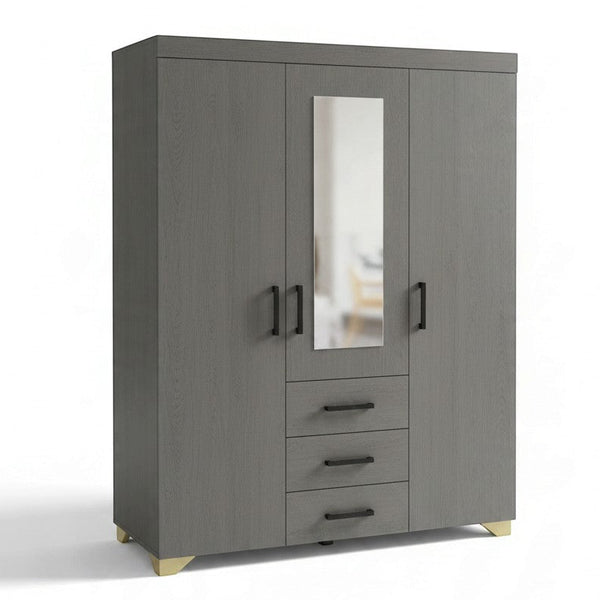 3-Door Grey Wooden Wardrobe with Mirrored Center & 3 Drawers showcasing a sleek design and contemporary storage solution.