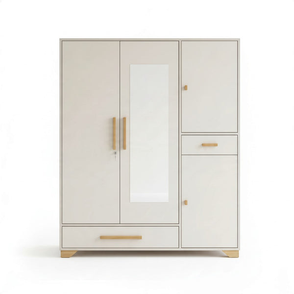 Multi-Compartment White & Natural Oak Wardrobe Armoire featuring a mirror and wooden handles.