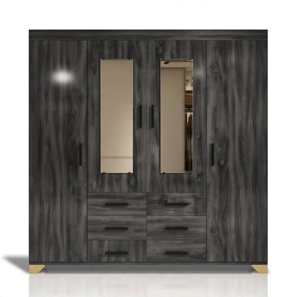 4-Door Wooden Wardrobe Armoire with Dual Mirrors & 6 Drawers in stylish dark wood finish, featuring storage drawers and mirrors.