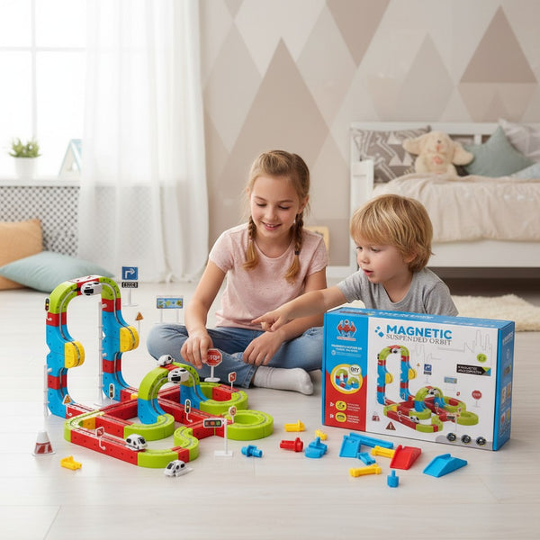 Children playing with the Magnetic Vehicle Track Toy Set, featuring colorful track pieces and accessories.