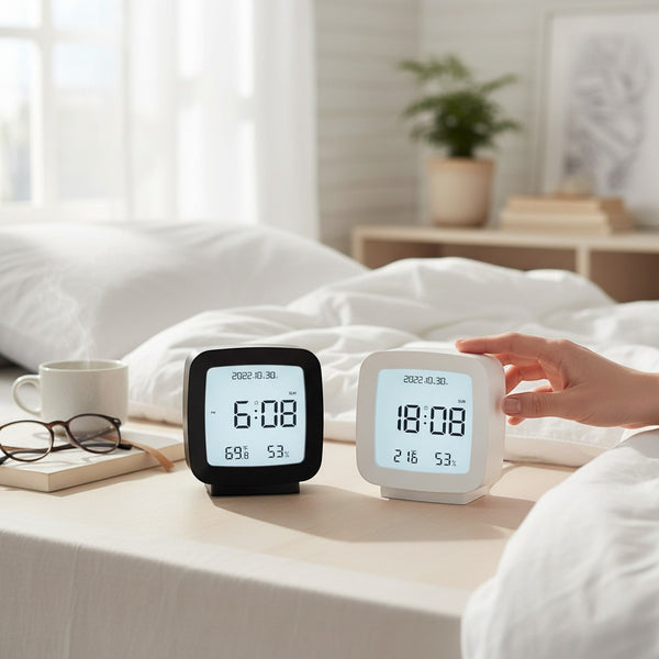 Digital Alarm Clock with Temperature and Humidity Display on bedside table with clear LCD screen.