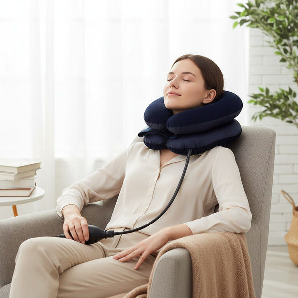 Person relaxing with Multi-Layered Inflatable Cervical Neck Traction Collar while seated in a cozy chair.