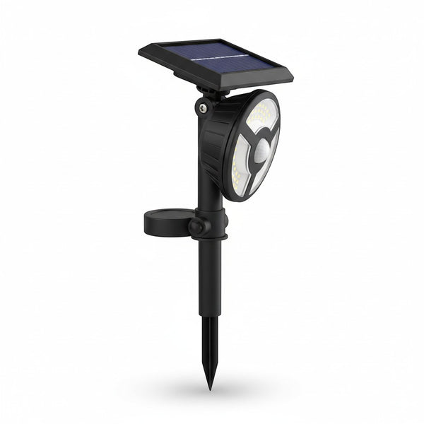 Solar Powered Motion Sensor LED Light with solar panel and motion sensor for outdoor use.
